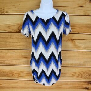 Dana Buchman Short Sleeve Blouse Women M Black White Blue Ruched Side Round Neck